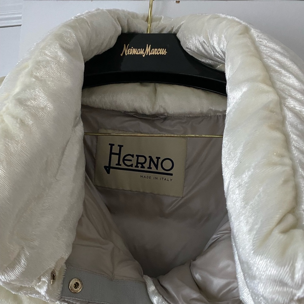 HERNO cap sleeve puffer jacket coat ivory white L in shimmery pony hair UNIQUE - Picture 3 of 6